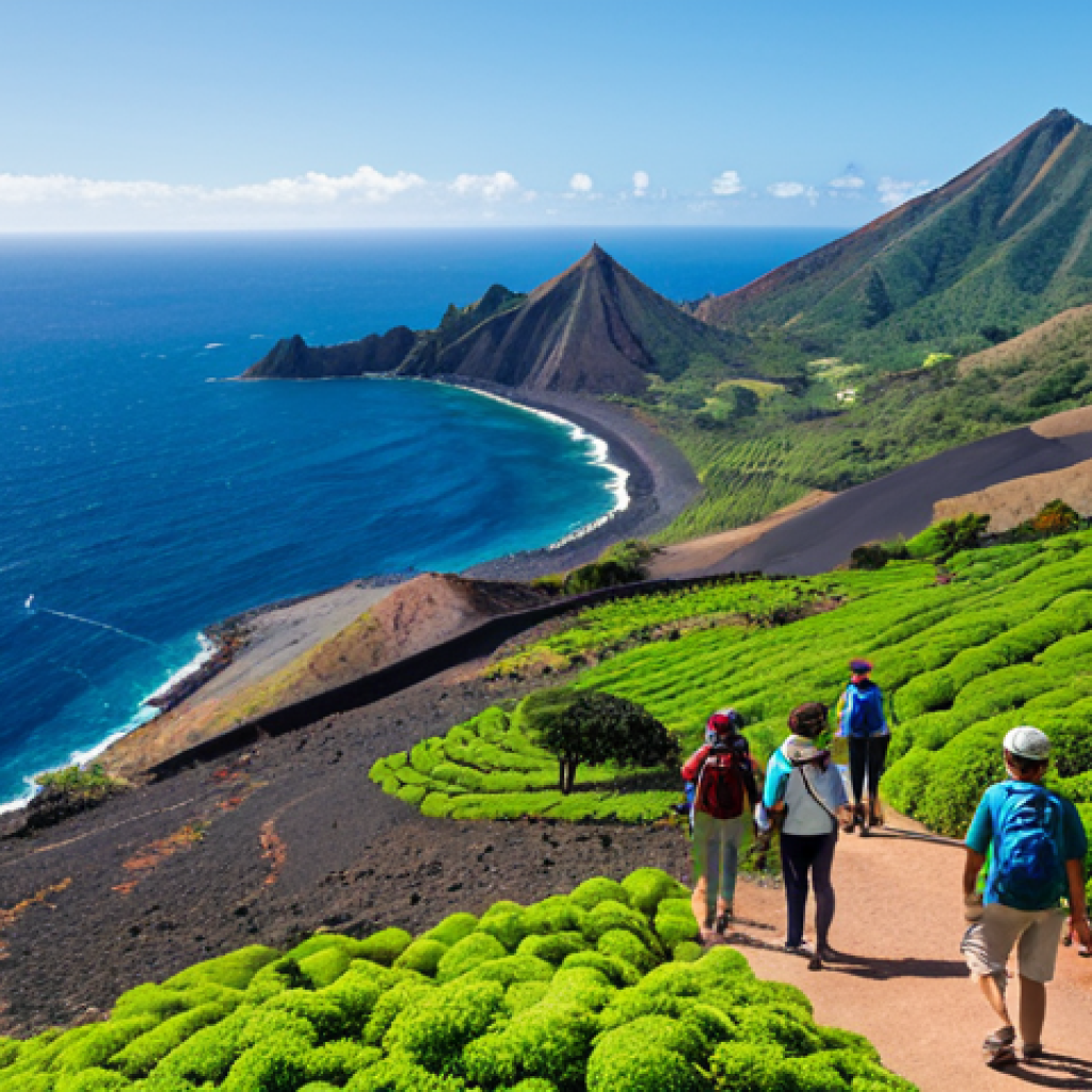 Sustainable Tourism in St. Helena**

A breathtaking panoramic view of St. Helena's volcanic landscape, showcasing eco-tourism activities. A group of fully clothed tourists are hiking on a well-maintained trail, with local guides pointing out the unique flora and fauna. In the background, the clear blue ocean shimmers. Emphasize the island's commitment to sustainability with visible solar panels and responsible waste management practices. The lighting is bright and sunny, highlighting the natural beauty. Safe for work, appropriate content, family-friendly, professional photography, perfect anatomy, natural proportions, fully clothed, modest clothing, appropriate attire.

**