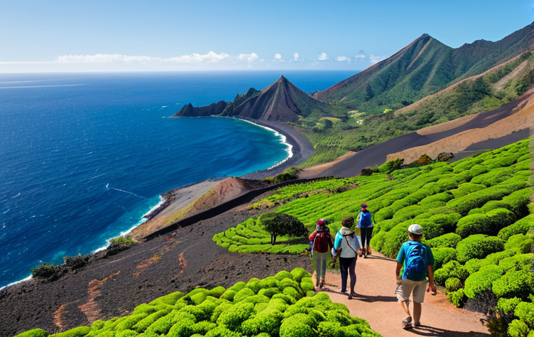 Sustainable Tourism in St. Helena**

A breathtaking panoramic view of St. Helena's volcanic landscape, showcasing eco-tourism activities. A group of fully clothed tourists are hiking on a well-maintained trail, with local guides pointing out the unique flora and fauna. In the background, the clear blue ocean shimmers. Emphasize the island's commitment to sustainability with visible solar panels and responsible waste management practices. The lighting is bright and sunny, highlighting the natural beauty. Safe for work, appropriate content, family-friendly, professional photography, perfect anatomy, natural proportions, fully clothed, modest clothing, appropriate attire.

**