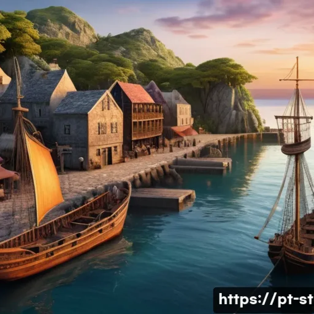 세인트헬레나와 대항해시대 - A detailed historical scene of a bustling 17th-century Atlantic island port at sunset, showcasing wo...