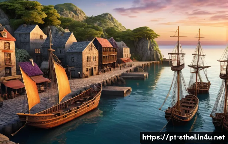 세인트헬레나와 대항해시대 - A detailed historical scene of a bustling 17th-century Atlantic island port at sunset, showcasing wo...