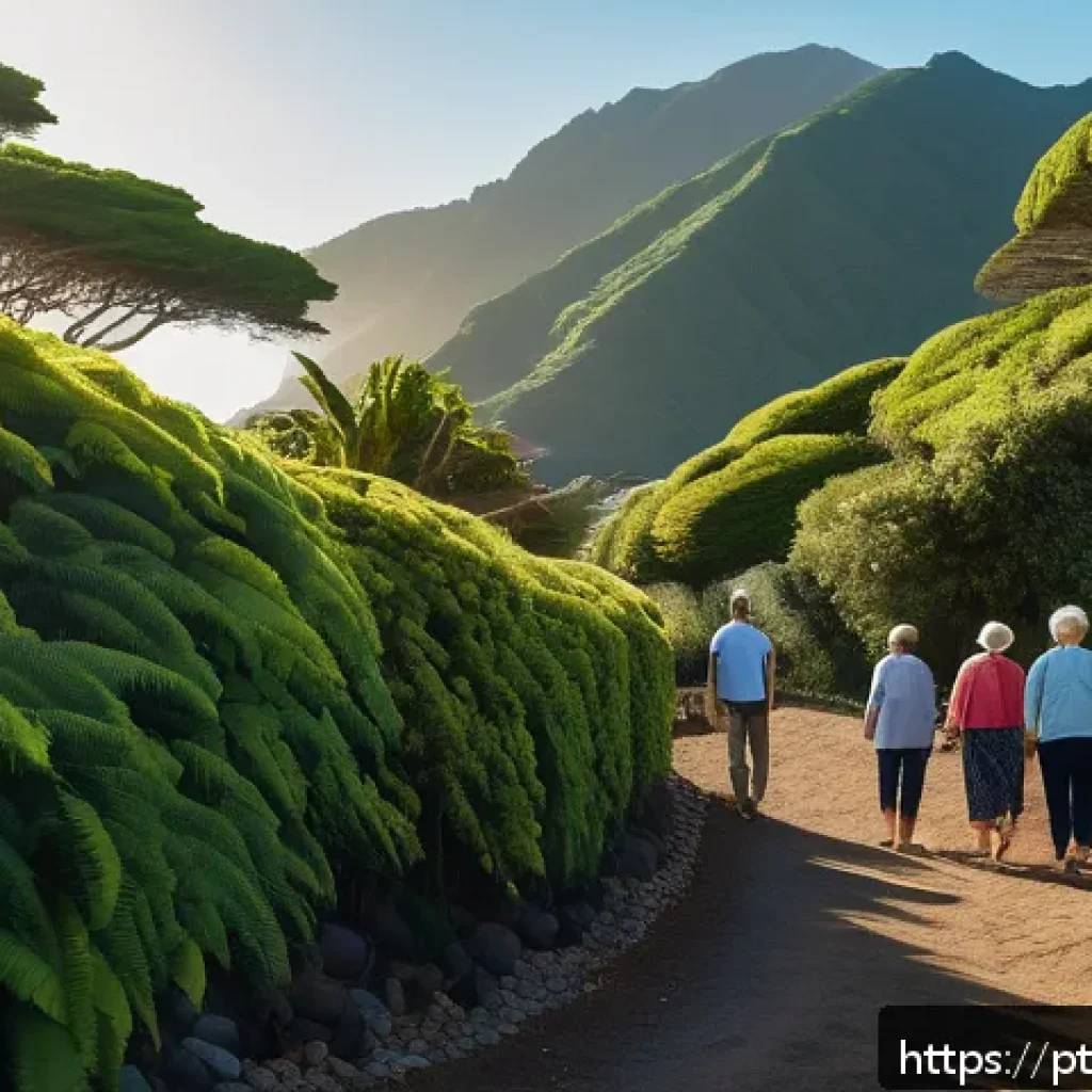 세인트헬레나 장기 거주 팁 - A serene coastal trail in Saint Helena during golden hour, featuring a diverse group of adults and e...