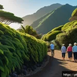 Home 21 세인트헬레나 장기 거주 팁 - A serene coastal trail in Saint Helena during golden hour, featuring a diverse group of adults and e...