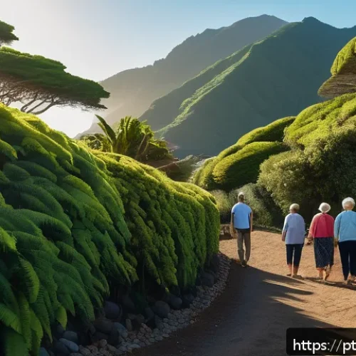 Home 33 세인트헬레나 장기 거주 팁 - A serene coastal trail in Saint Helena during golden hour, featuring a diverse group of adults and e...