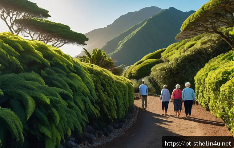 세인트헬레나 장기 거주 팁 - A serene coastal trail in Saint Helena during golden hour, featuring a diverse group of adults and e...