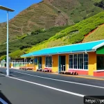 Home 20 세인트헬레나 항공편 일정 - A modern small airport terminal on Saint Helena island during a bright sunny day, featuring a neat a...