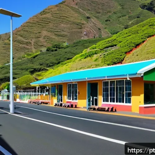 세인트헬레나 항공편 일정 - A modern small airport terminal on Saint Helena island during a bright sunny day, featuring a neat a...