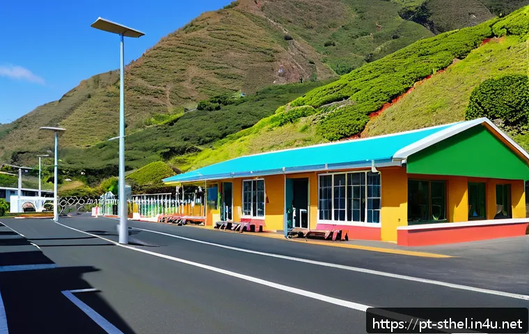세인트헬레나 항공편 일정 - A modern small airport terminal on Saint Helena island during a bright sunny day, featuring a neat a...