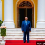 Home 19 세인트헬레나 정부 구조 - A detailed, realistic scene of the Presidential Palace of São Tomé and Príncipe during a formal stat...