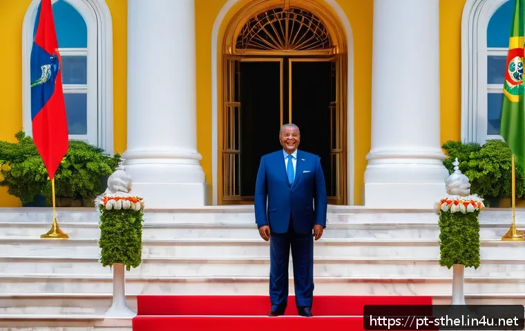 세인트헬레나 정부 구조 - A detailed, realistic scene of the Presidential Palace of São Tomé and Príncipe during a formal stat...
