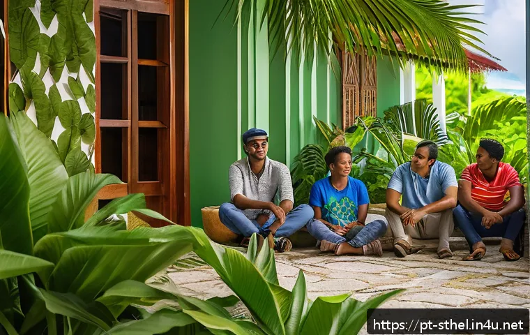 세인트헬레나의 현대 정치적 이슈 - A vibrant community meeting in a tropical island town hall of Saint Helena, showcasing diverse local...