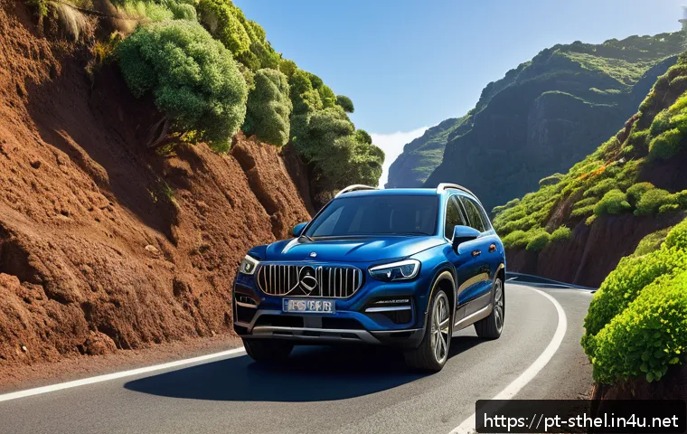 세인트헬레나 렌터카 이용법 - A scenic view of Saint Helena’s winding narrow roads with a modern SUV driving carefully along a hil...
