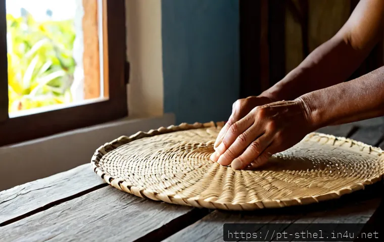 Home 17 세인트헬레나 전통 공예품 - Photorealistic close-up of a Saint Helena island artisan weaving a traditional natural-fiber basket ...